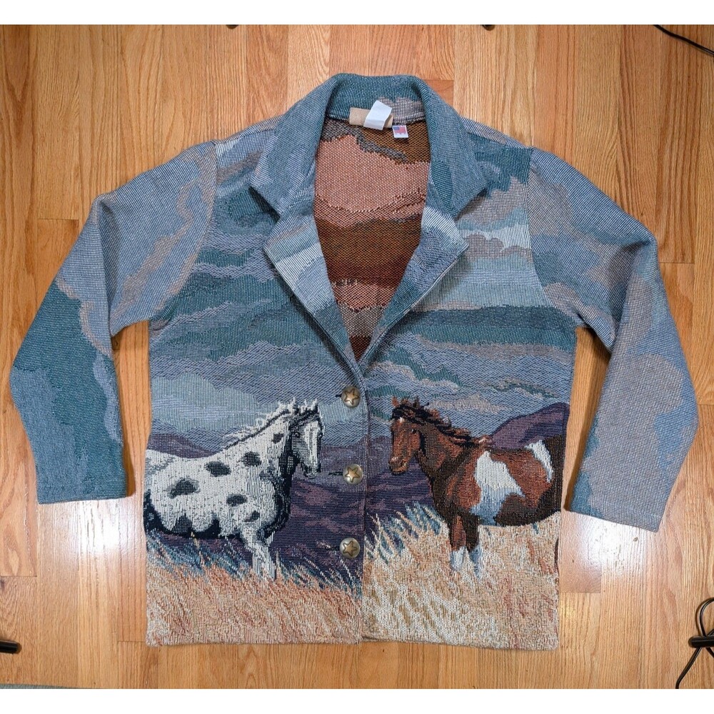 Painted Pony Vtg 90s Woven Tapestry Jacket Horses Large Southwest Made In USA